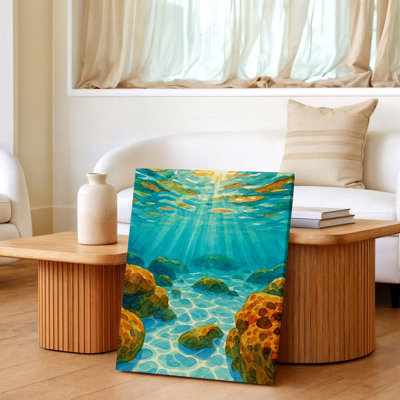 Sous-marin océan, impression aquarelle, soleil, rayons côtiers, roches côtières, impression sur toile, décor de chambre à coucher de salon de chambre à coucher, décoration murale surréelle moderne pour appartement, loft, entrée, maison
