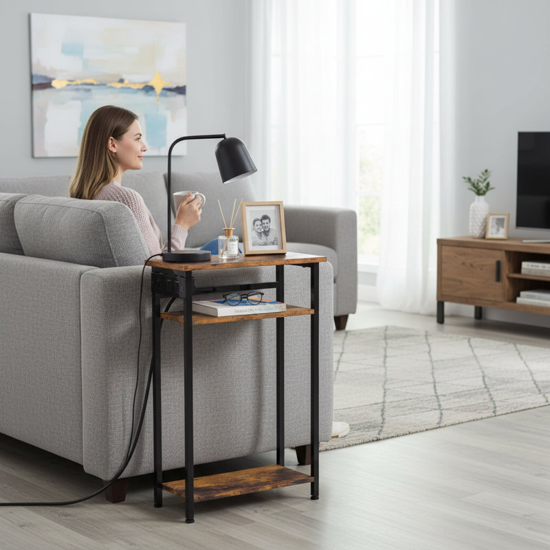 Table d'appoint 24,4 po à 3 niveaux avec station de charge, Rustic Brown