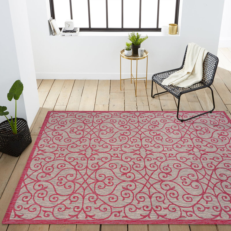 Deronte Vintage Filigree Textured Weave Light Gray/Fuchsia Indoor/Outdoor Rug, Rectangle 3'1" x 5'