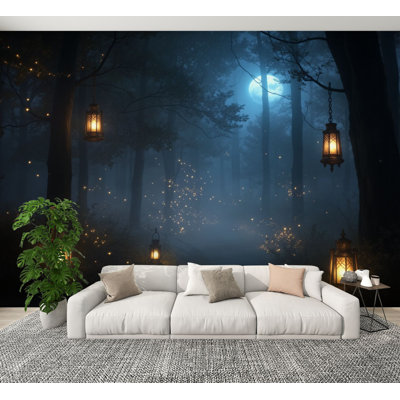Enchanted Forest Peel and Stick Wallpaper Glowing Misty Forest Fireflies Night Atmosphere Wall Murals 100"H x 144"W Removable PVC Wall Paper Self-Adhesive Wall Paintings Art Decor for Bedroom Living Room