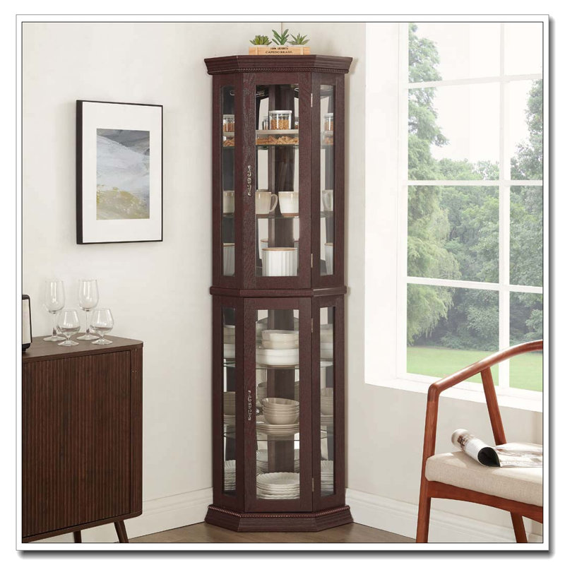 Glass Cabinet Lighted Corner Cabinet, Cherry