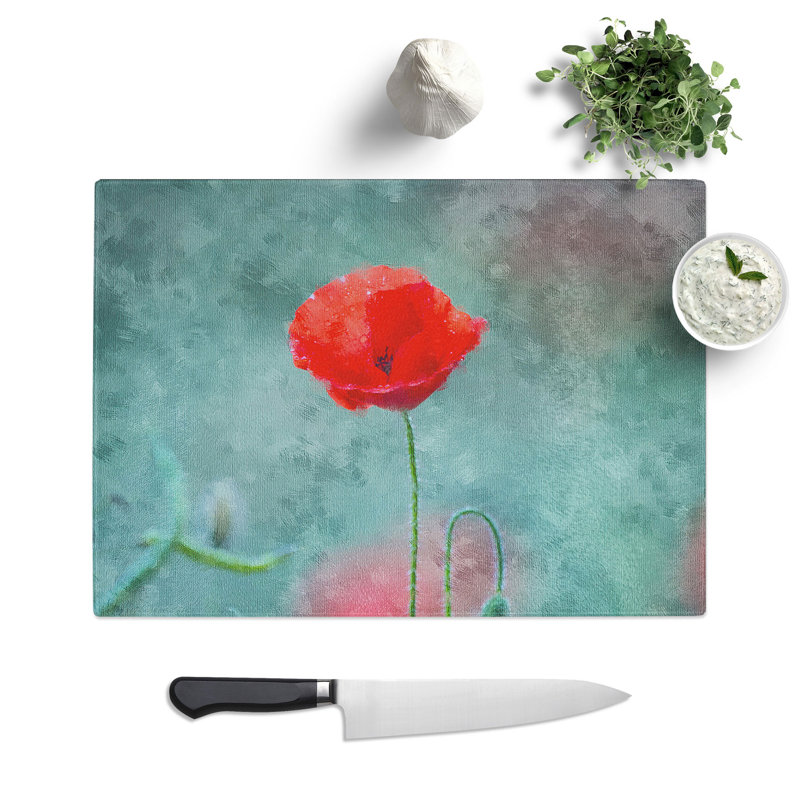 A Lone Poppy Flower Painting Chopping Board, 0.4cm H x 29cm W x 39cm L