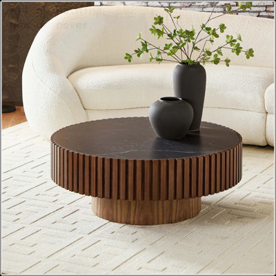 Round Sintered Stone Coffee Table with Pedestal Base