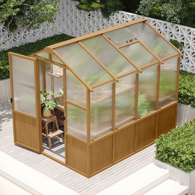 Serre 6 x 8 pi, serre en bois pour l'extérieur avec panneau en polycarbonate de 6 mm d'épaisseur et évents de toit réglables, jardin, patio, pelouse, couleur bois