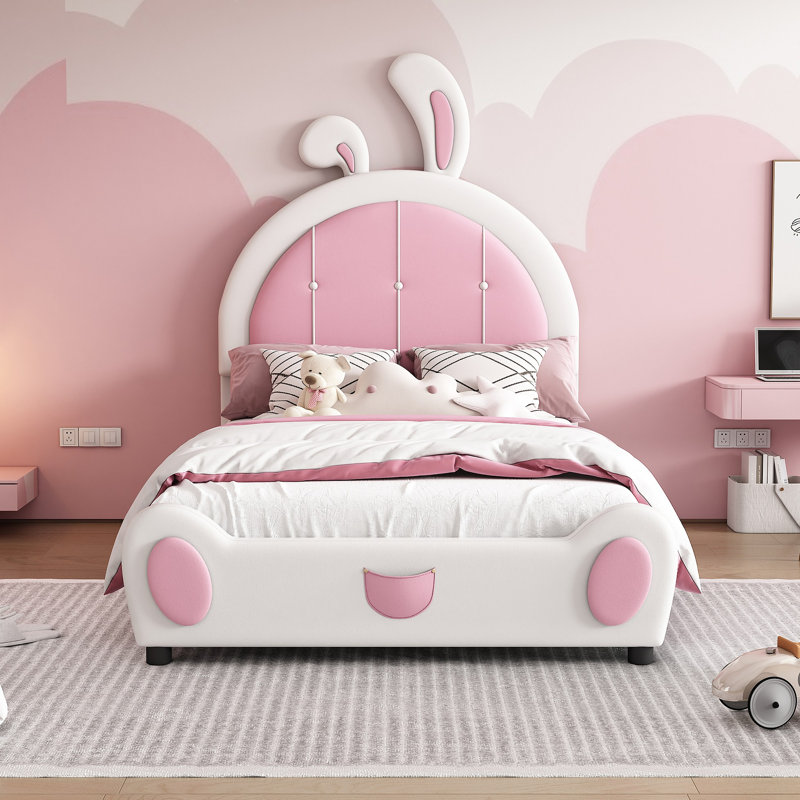 Lit plateforme tapissier avec tête de lit en forme de lapin