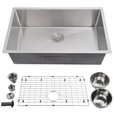 32 Inch Undermount Kitchen Sink, Brushed Nickel Single Bowl Stainless Steel Kitchen Sink