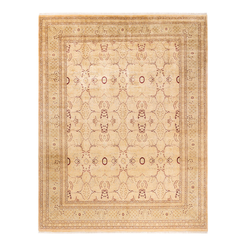 Tapis beige noué à la main de conception unique 8 pi 2 po x 10 pi 4 po Saram