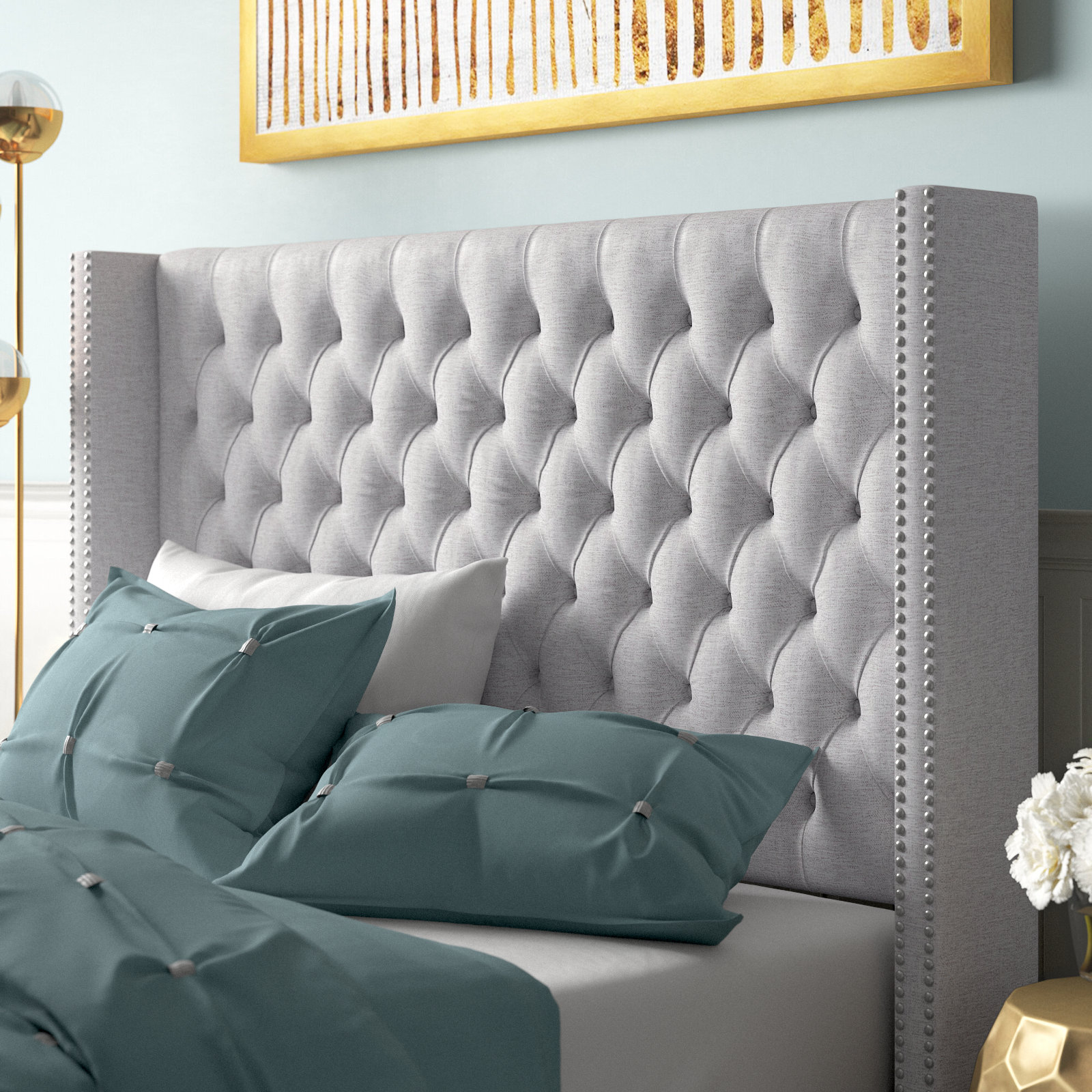 Willa Arlo Interiors Tickhill Upholstered Wingback Button Tufted Headboard Upholstery Grey Heaboards
