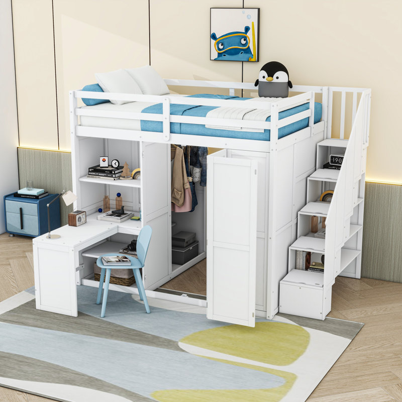 Lit mezzanine double avec bureau et tablettes intégrés, escalier, Blanc