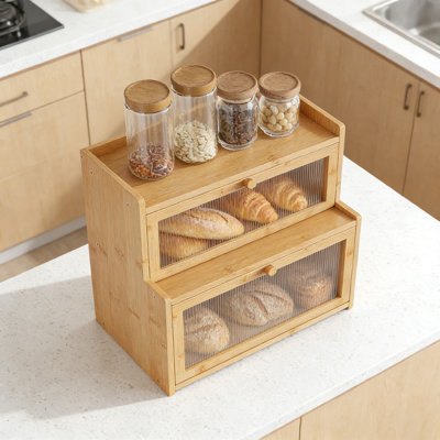 Boîte à pain en bambou à double couche avec fenêtre de visualisation, rangement de comptoir pour le pain, les pâtisseries et les essentiels de cuisine