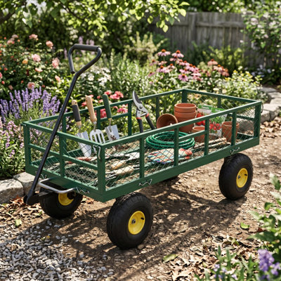 Garden Dump Cart with Removable Sidewalls, 900 LBS Heavy Duty Steel Dump Wagon with 180° Swivel Handle & 10-Inch Tires, Yard Cart Utility Wheelbarrow for Backyard Farm, Green