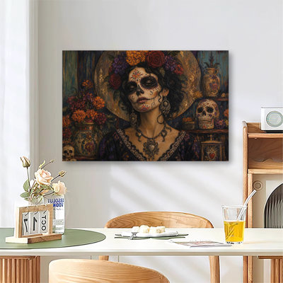 Vintage Sugar Skull Woman With Colorful Marigolds And Antique Skulls, Rustic Oil Painting Canvas Wall Art