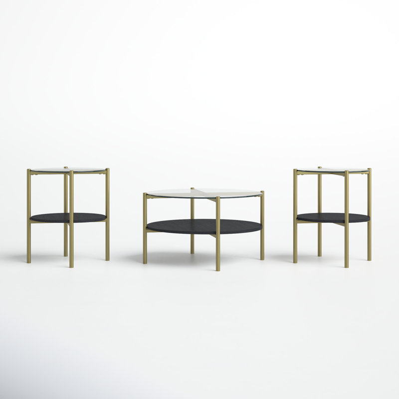 Blaine Black and Gold Round Glass 3-Piece Table Set
