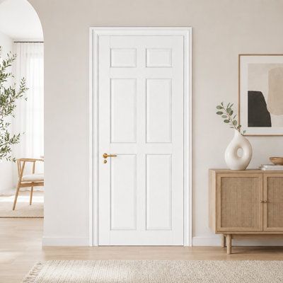 32" x 80" White Primed 6-Panel Solid Core Manufactured Wood Trimmable Interior Door Slab for Bedroom, Closet, Pantry and Office, Without Frame and Hardware Kit