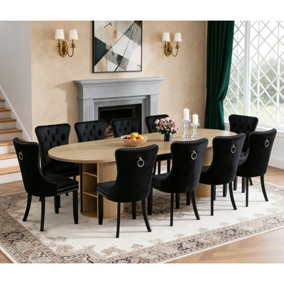 11-Piece Oval Extendable Dining Table Set for 10 with Storage Base, 63"-94.5" Farmhouse Brown Kitchen Table Velvet Chairs Set of 10