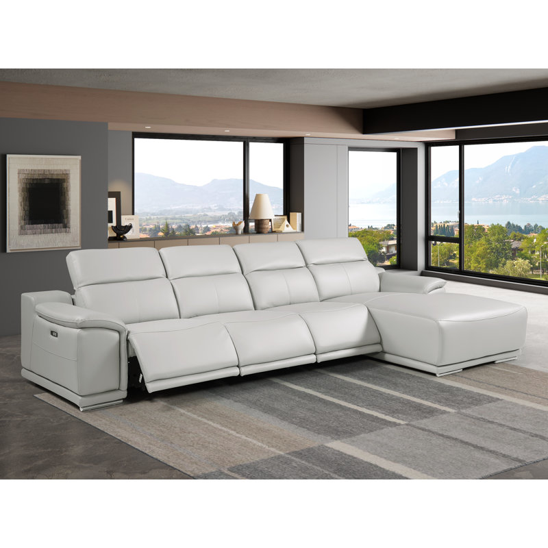 Canapé modulaire en L en cuir véritable 4 pièces faisant face à droite gris clair avec 3 fauteuils inclinables électriques et appuis-tête réglables