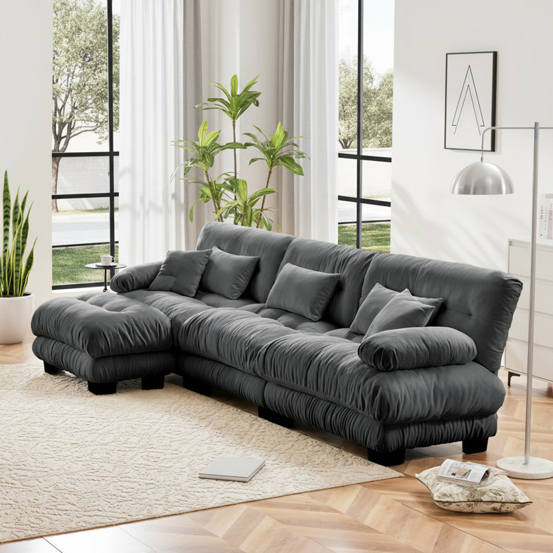 Cloud Couch Sleeper Sofa With 1 Ottoman, Chenille 4-Seater Sectional Sofa Bed Include Lumbar & Throw Pillows, Gray Chenille