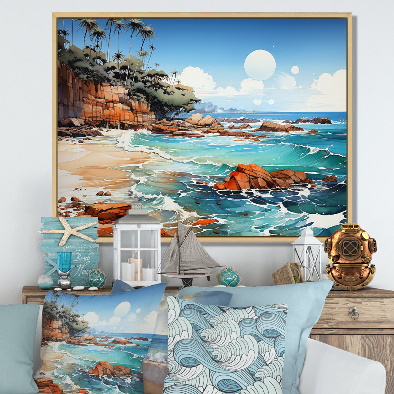 " Blue Beach Waves Fusion I ", Natural Floater Framed, 16" H x 32" W x 1" D
