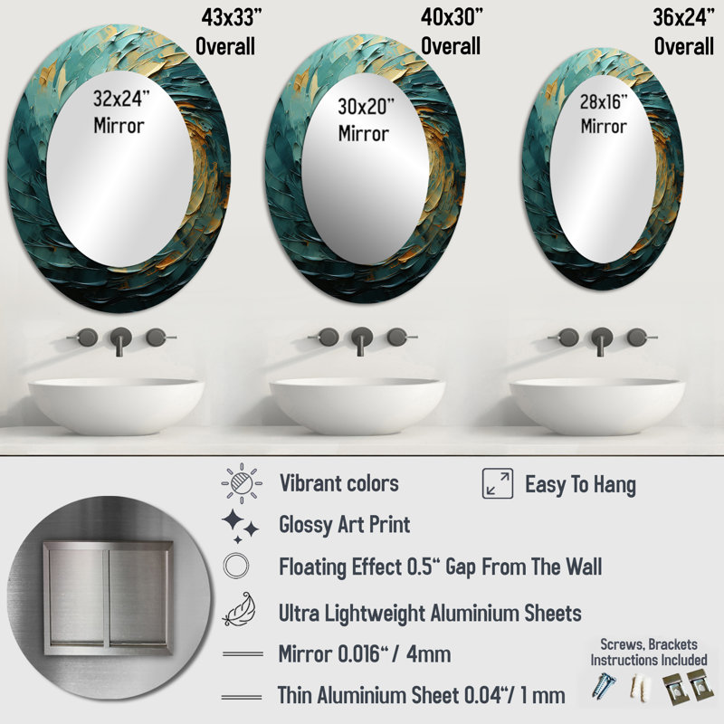 Majestic Motion Teal Spiral IV - Modern Oval Wall Mirror, 36" x 24"