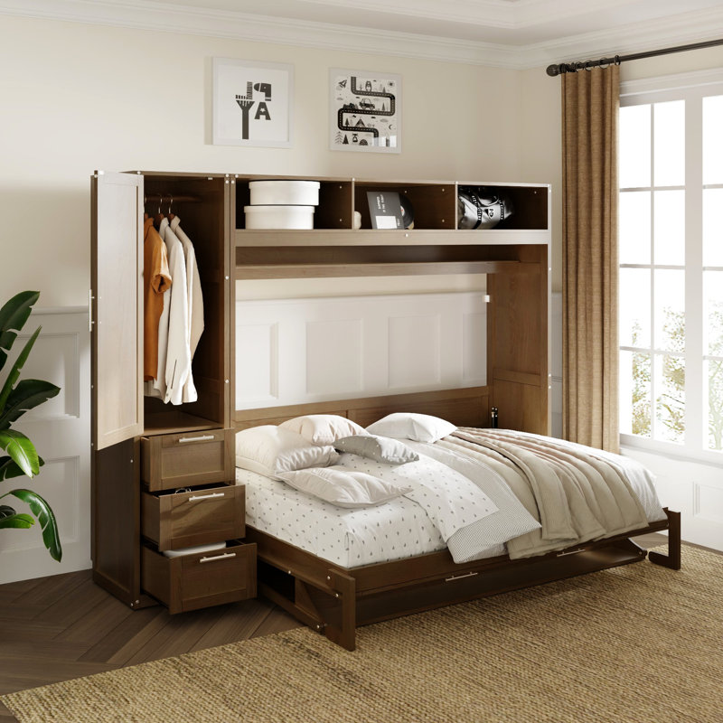 Lit double avec garde-robe, tiroirs et tablettes fonctionnelles en bois antique à 3 ouvertures - fabrication peu encombrante
