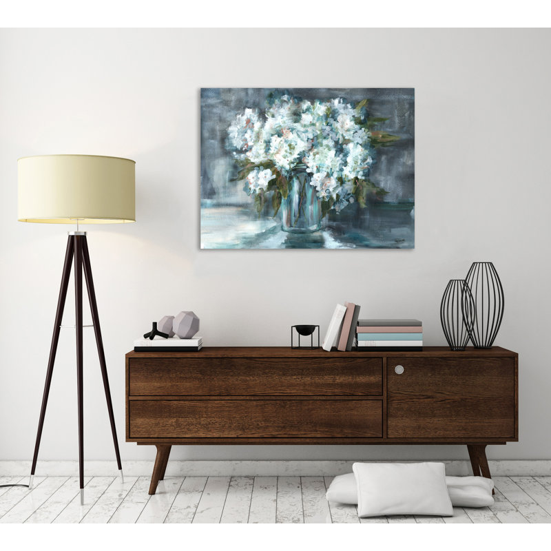 White Hydrangeas In Mason Jar - Wrapped Canvas Painting, 76.2 cm H x 101.6 cm W