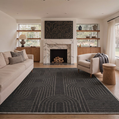 Tapis noir / gris performance à motif géométrique moderne antidérapant