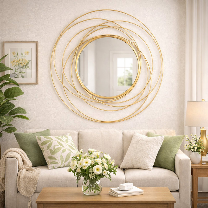 Miroir mural rond en métal, miroir mural décoratif avec cercles superposés, Doré