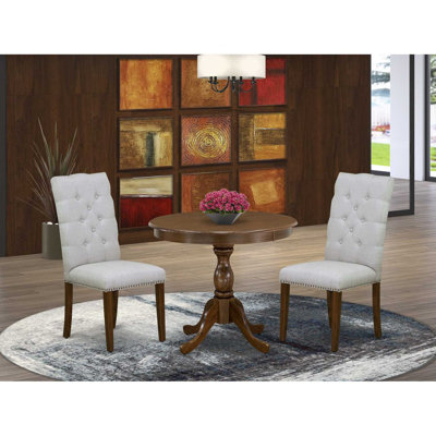 3 Piece Dinette Set Consists of 1 Pedestal Table and 2 Grey Linen Fabric Kitchen Chair Button Tufted Back with Nail Heads - Acacia Walnut Finish