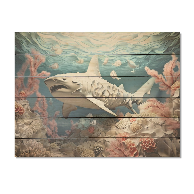 «Coral and Sharks Collage Symetry - Coastal Coral Under Water Wood, art mural sur bois de pin naturel, H 30 po x l 40 po