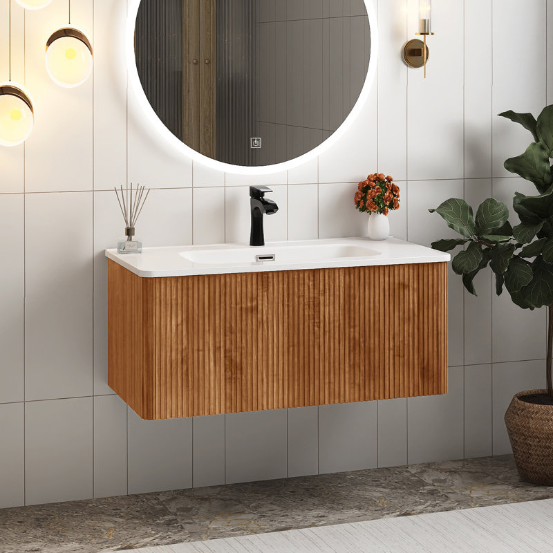 36“ Wall Mounted Floating Bathroom Vanity With White Ceramic Sink