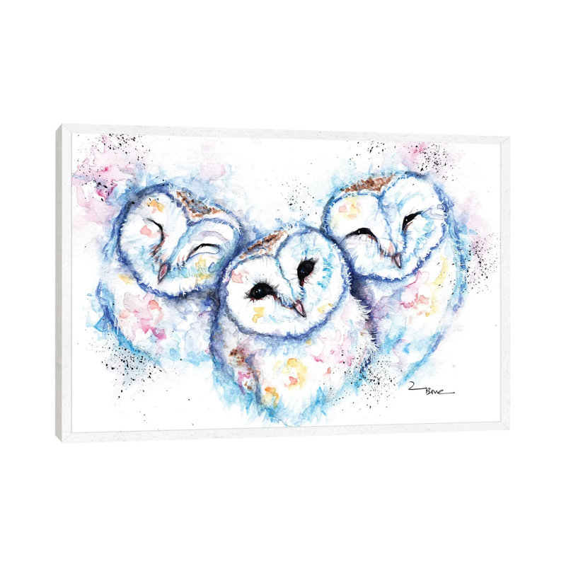 Sleepy Time Owls - Painting on Canvas, White Framed, 45.72cm H x 66.04cm W x 3.81cm D
