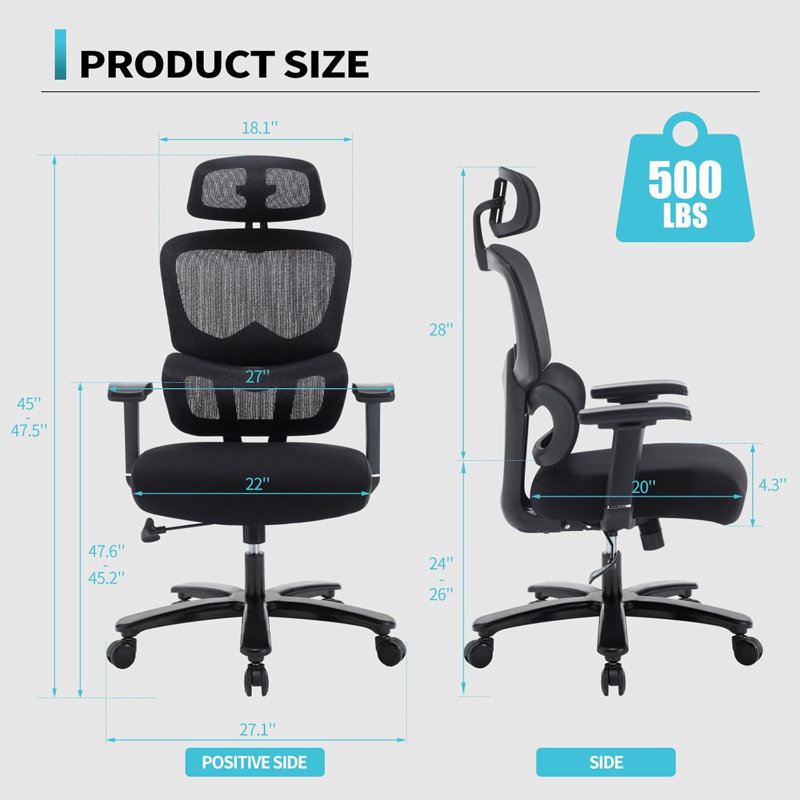 Chaise de bureau ergonomique, chaise de bureau à haut dossier, chaise d'ordinateur avec accoudoirs et appui-tête réglables 