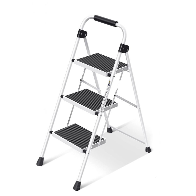 Escabeau 3 marches avec rampe, capacité de 159 kg, certifié ANSI, pliable, avec large pédale antidérapante, en acier léger, portable et pliable pour la cuisine, la salle de bain et les placards, blanc.