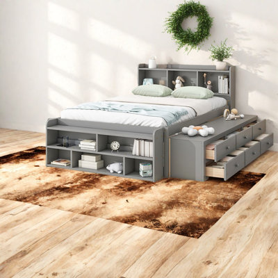 Modern Grey Full Bed With Wood Storage Solutions For Home