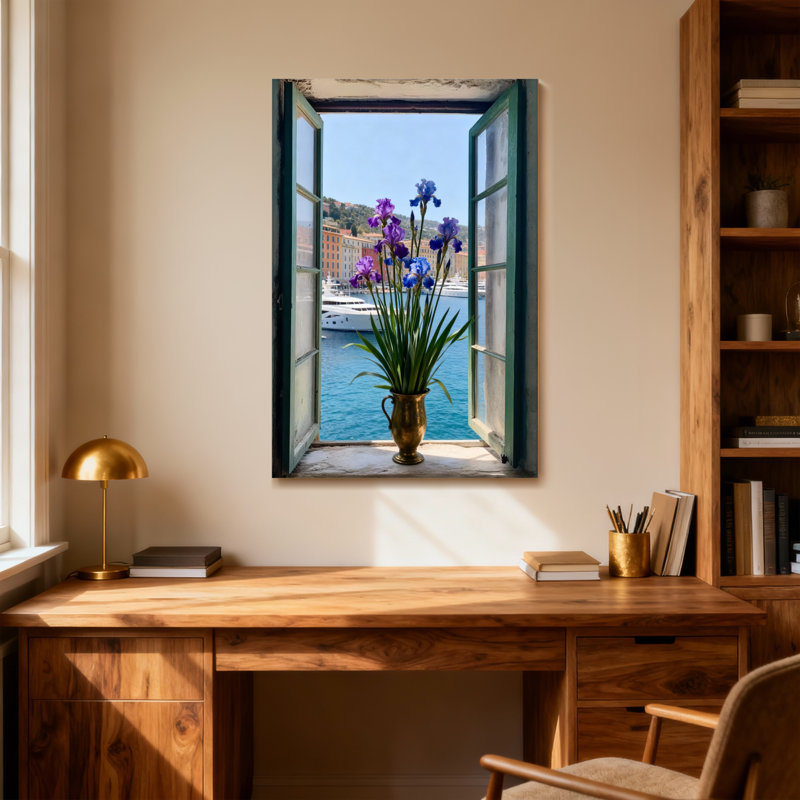 Vue de paysage et nature avec fleurs et mer, H 40 po x l 28 po