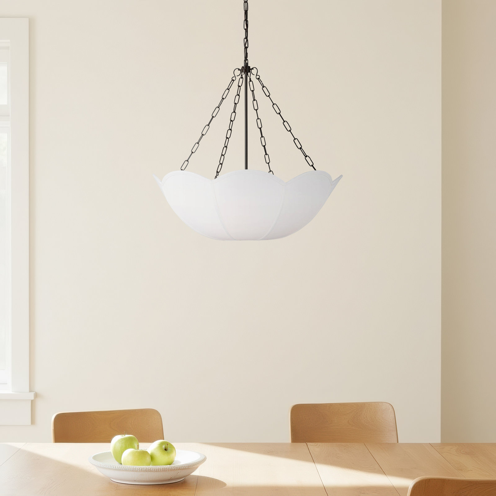 Alexa Hampton Stassi Dining Room Chandelier With White Linen Shade, Aged Iron, 3 Lights, 23.75" H x 24" W x 24" D