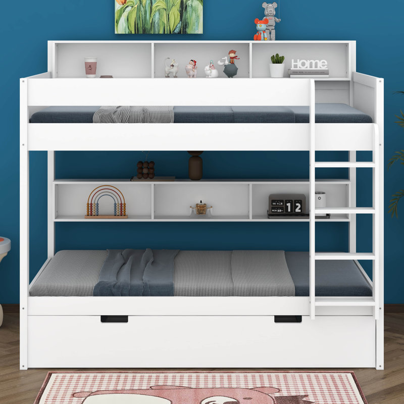 Bunk Bed With Storage & Trundle, Space-Saving Wooden Bunk Bed Frame With Bedside Shelves, Twin over Twin, White