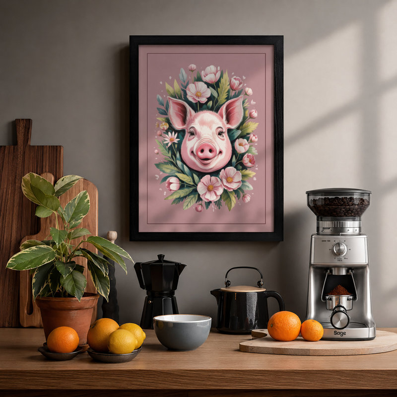 Floral Pig Portrait Boho 1 Piece Single Picture Frame Wall Art, A4 - 29.7 x 21.0 cm, Black