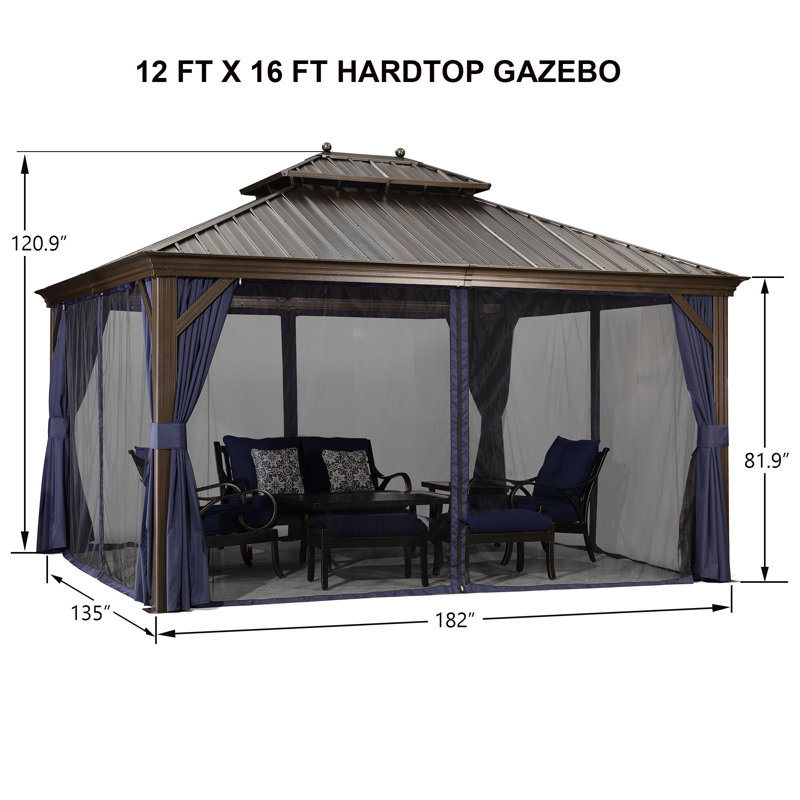 Pavillon de jardin en aluminium 12 po x 16 pi avec toit double en acier galvanisé, rideaux et filet inclus