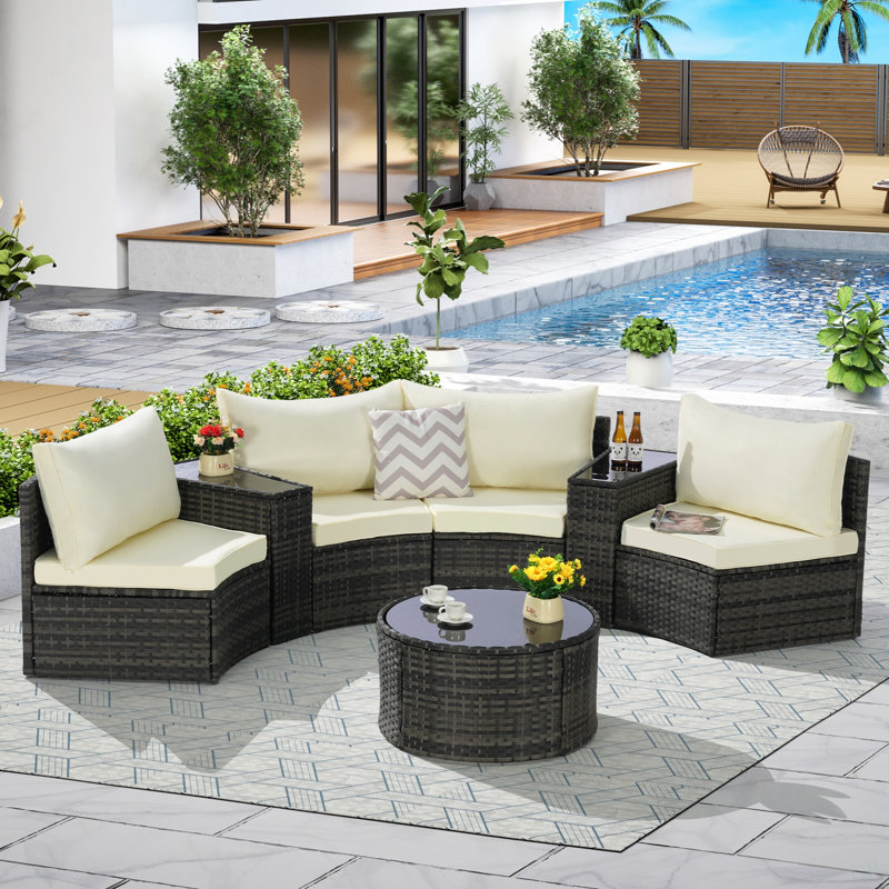 Ensemble de canapé modulaire d'extérieur demi-lune 7 pièces avec table basse ronde en verre trempé, Beige