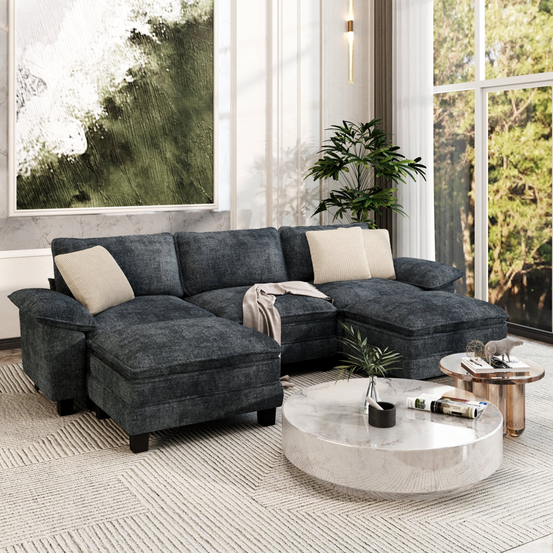 124" Modular Sectional Sofa, Oversized U Shaped Couches With Ottomans, 5-seater Deep Seat Sofa With Throw Pillow