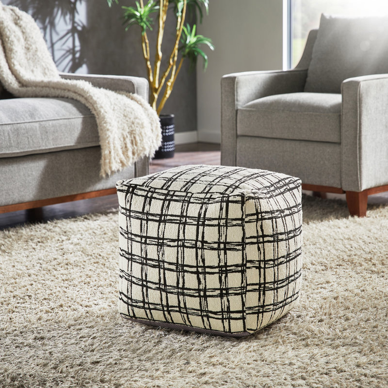 Doniphan Upholstered Square Pouf Ottoman, Ivory Plaid