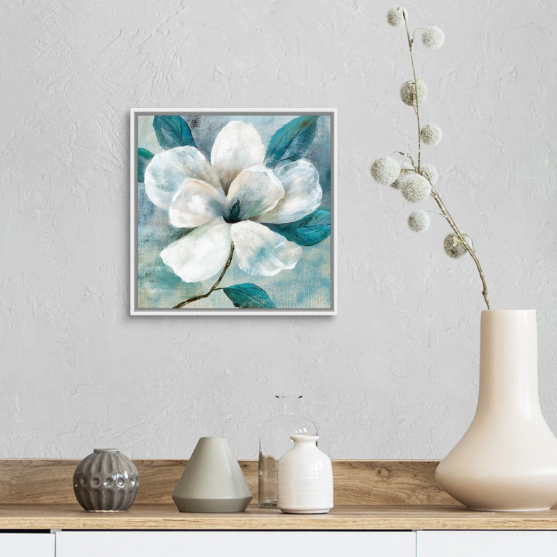Art mural bleu sarcelle Magnolia I, H 12 po x l 12 po x P 1,25 po, Cadre blanc