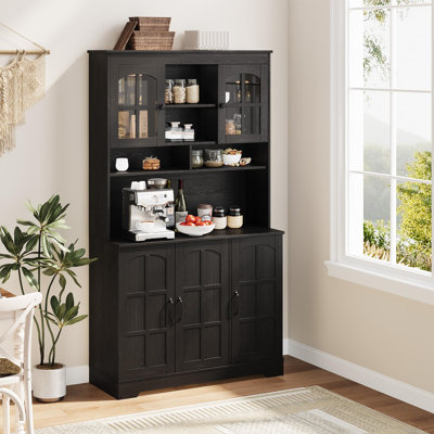 Armoire de garde-manger avec station de charge, grande armoire de rangement de garde-manger avec huche, armoire de cuisine de 70,9 pouces avec portes en verre, pour la salle à manger