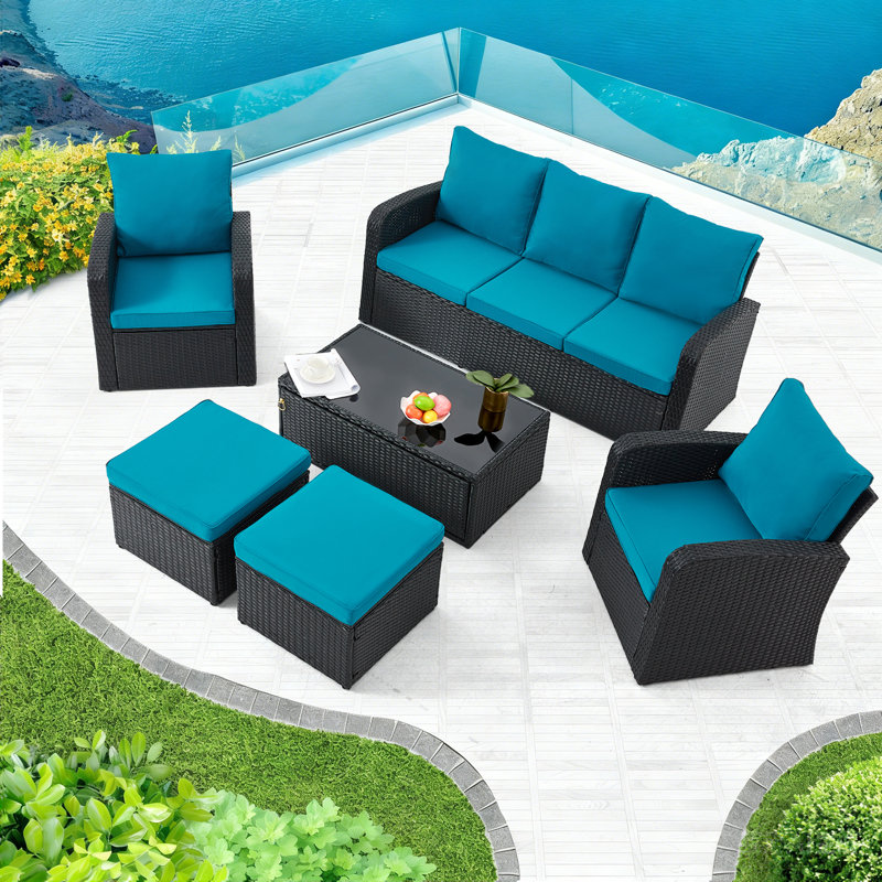 6 Piece Sofa Seating Group With Cushions, Peacock Blue Cushion/Black Frame