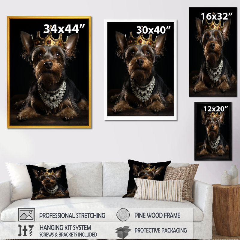 «Crowned Royalyorkshire Dog King» - art mural chien, Cadre simple argenté, H 44 po x l 34 po x P 1,5 po