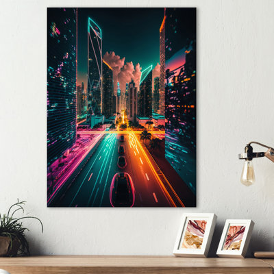 «Futuristic Miami Neon Art III - Cityscapes», art mural sur toile