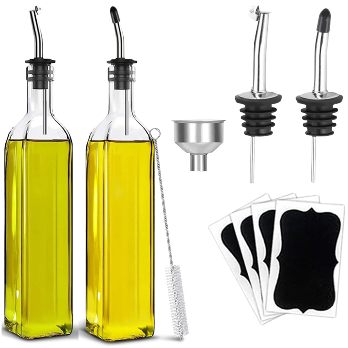 2 Piece Glass Olive Oil Dispenser Set with Pour Spouts Funnel and Labels