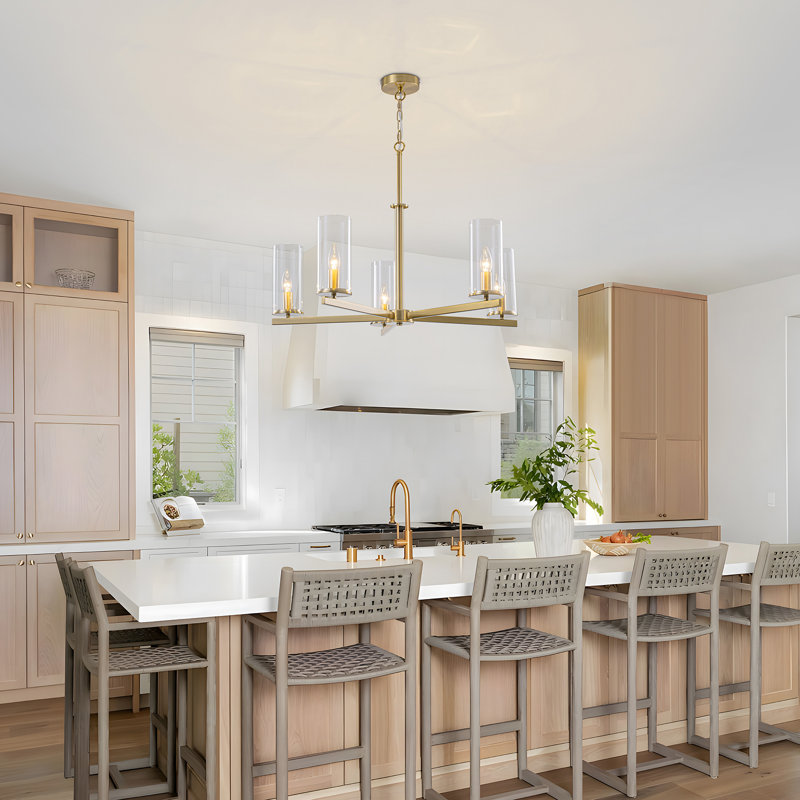5-Light Dimmable Chandelier with Clear Glass Cylinder Shades , Gold