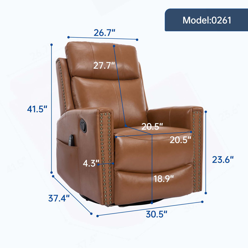 Genuine Leather Heat Massage Manual Recliner Chair with Rocker & Swivel for Living Room, Yellow